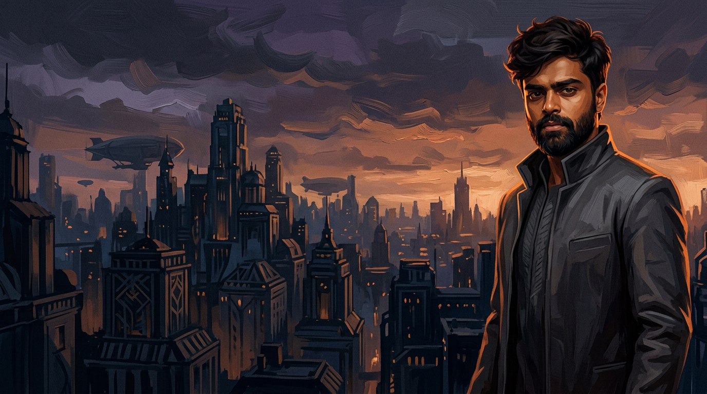 Painterly portrait of Adi against a cinematic sunset city
