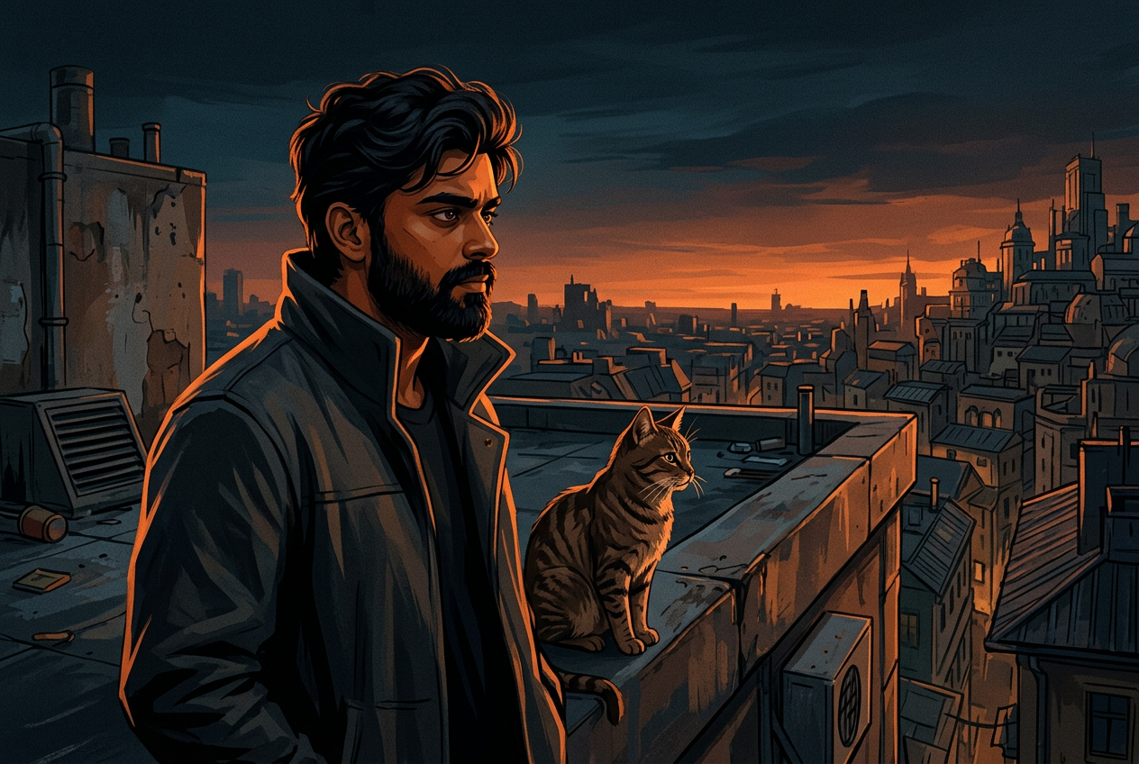 Adi and a cat overlooking a sunset megacity